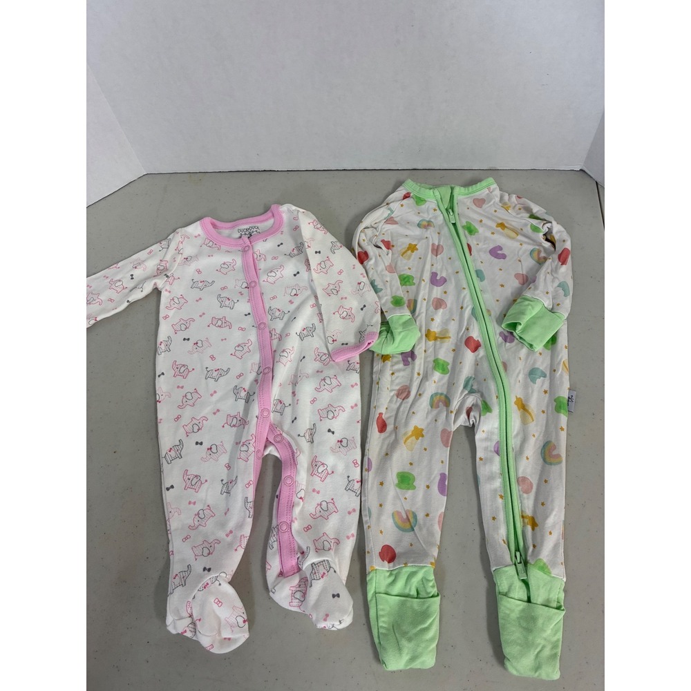 Blush Lotus Bamboo & Duck Duck Goose Baby Sleepers Set 3-6M Pink Mint 2pc Bundle
